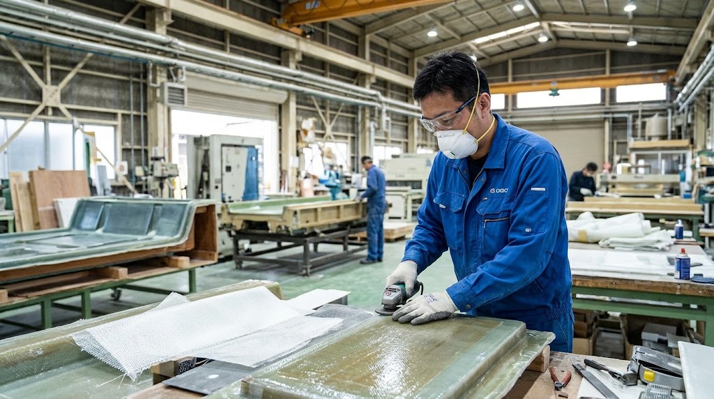 工場でFRP製品を仕上げる職人